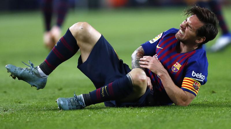 Lionel Messi, who fractured his right arm, will miss the Champions League match at home to Inter Milan on Wednesday, and probably the return trip to Italy on November 6, as well as league games against Real Madrid and Rayo Vallecano in between. (Photo: AP) Lionel Messi, who fractured his right arm, will miss the Champions League match at home to Inter Milan on Wednesday, and probably the return trip to Italy on November 6, as well as league games against Real Madrid and Rayo Vallecano in between. (Photo: AP)