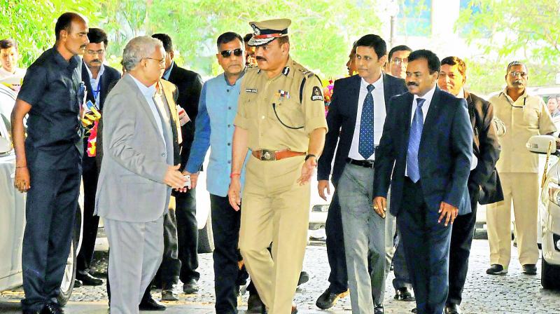 City police commissioner Anjani Kumar receives delegation led by Chief Election O O.P. Rawat in Hyderabad on Monday. (P.Surendra) City police commissioner Anjani Kumar receives delegation led by Chief Election O O.P. Rawat in Hyderabad on Monday. (P.Surendra)
