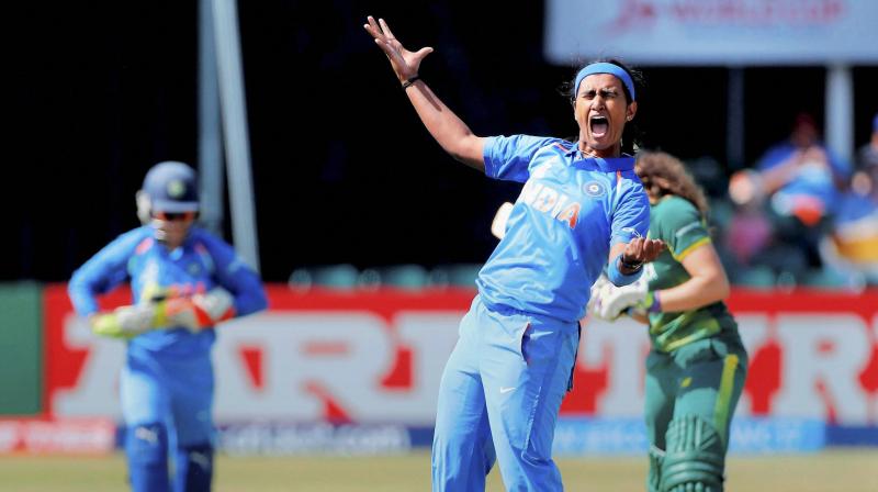 Shikha Pandey celebrates the wicket of Laura Wolvaardt during the ICC Women's World Cup match against South Africa at Leicester on Saturday. (Photo: AP) Shikha Pandey celebrates the wicket of Laura Wolvaardt during the ICC Women's World Cup match against South Africa at Leicester on Saturday. (Photo: AP)