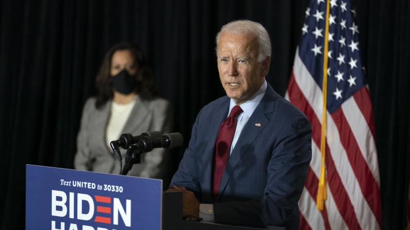 Democratic presidential candidate former Vice President Joe Biden joined by his running mate Senator Kamala Harris speaks at the Hotel DuPont in Wilmington. (AP)