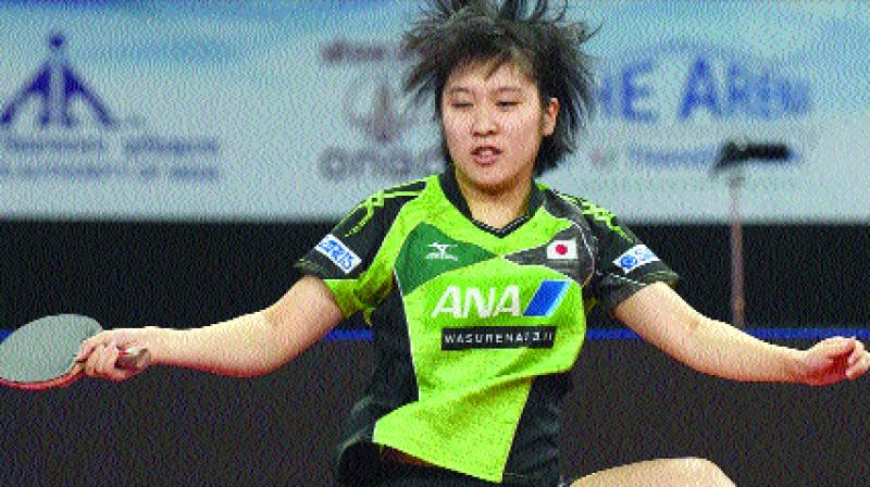 Japan’s Miu Hirano in action against Manika Batra in Ahmedabad on Saturday. (Photo: AFP) Japan’s Miu Hirano in action against Manika Batra in Ahmedabad on Saturday. (Photo: AFP)