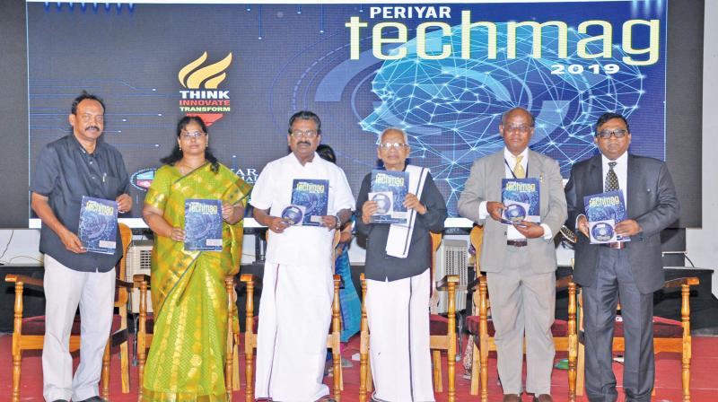 K. Veeramani, chancellor of PMIST, releases Tech Mag 2019 at the annual day function of PMIST at Thanjavur on Friday. T.K.S. Elangovan, MP receives the first copy. (Image DC) K. Veeramani, chancellor of PMIST, releases Tech Mag 2019 at the annual day function of PMIST at Thanjavur on Friday. T.K.S. Elangovan, MP receives the first copy. (Image DC)