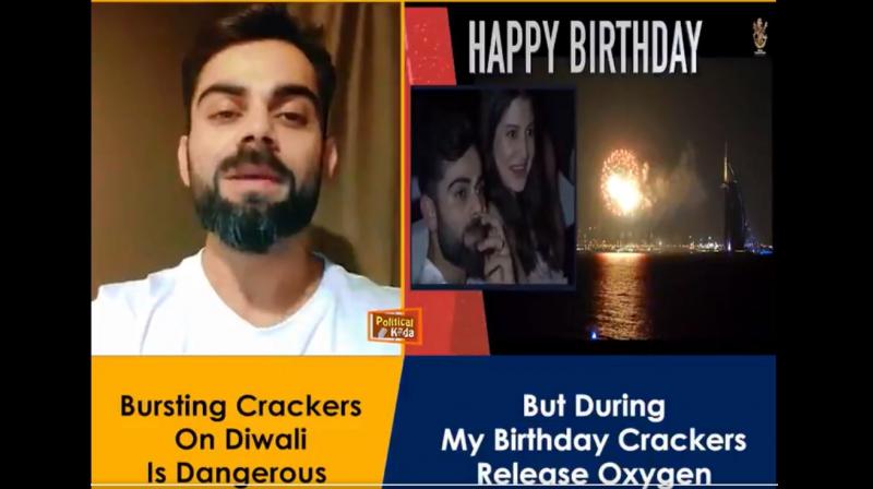 A screen capture from the video (being circulated online) which shows Virat Kohli’s birthday celebrations in UAE while crackers are being burst A screen capture from the video (being circulated online) which shows Virat Kohli’s birthday celebrations in UAE while crackers are being burst