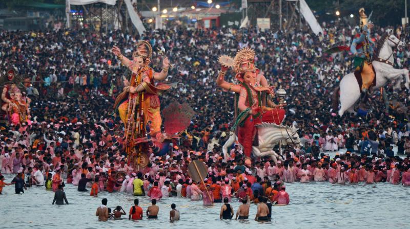 Devotees carried idols of Lord Ganesh for immersion in rivers and lakes across Maharashtra on Sunday morning, marking the culmination of the 11-day festival. (Photo: Rajesh Jadhav) Devotees carried idols of Lord Ganesh for immersion in rivers and lakes across Maharashtra on Sunday morning, marking the culmination of the 11-day festival. (Photo: Rajesh Jadhav)
