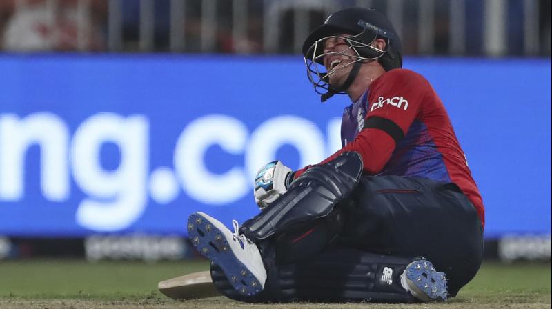 Englands Jason Roy reacts in pain after an injury during the Cricket Twenty20 World Cup match between England and South Africa in Sharjah on Saturday. (Photo: AP)