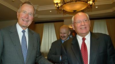 Former US President George Bush meets with Mikhail Gorbachev, the last Soviet leader, who stepped down in 1991 as the Soviet Union collapsed during Bush's presidency, in Moscow on  September 15, 2003. Russian news agencies are reporting that former Soviet President Mikhail Gorbachev has died at 91. The Tass, RIA Novosti and Interfax news agencies cited the Central Clinical Hospital. (Image: AP/PTI)