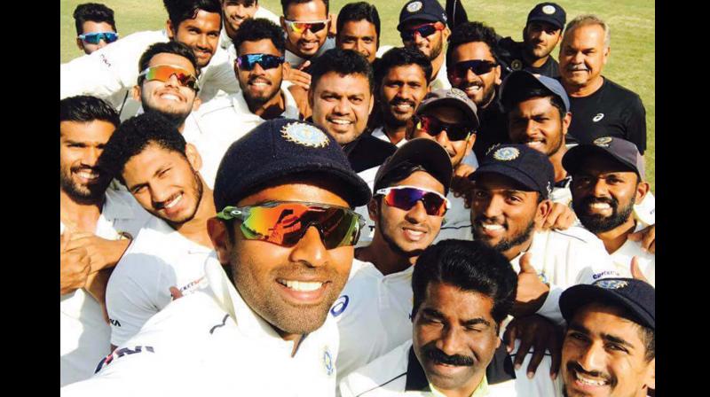 Kerala’s captain Sachin Baby takes a selfie with team members beating Haryana on Tuesday to reach the quarterfinals of Ranji for the first time ever. Kerala’s captain Sachin Baby takes a selfie with team members beating Haryana on Tuesday to reach the quarterfinals of Ranji for the first time ever.