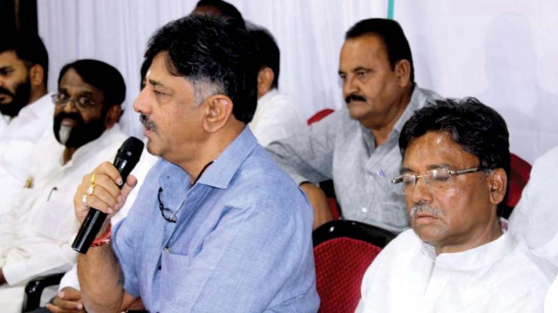 Minister D.K. Shivakumar addresses media along with Congress candididate Ugrappa in Ballari on Thursday Minister D.K. Shivakumar addresses media along with Congress candididate Ugrappa in Ballari on Thursday