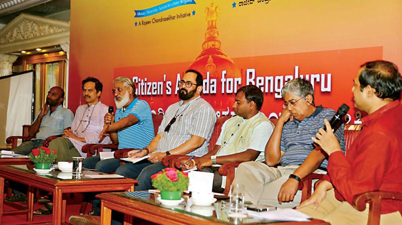 From Left, social activist Sandeep Anirudhan, environmentalist Sharachchandra Lele, co-founder of Friends of Lake Ramprasad, Rajya Sabha member Rajeev Chandrasekhar, Varthur Rising member Jagadish Reddy, Citizen’s Action Forum member Vijayan Menon and Namma Bengaluru Foundation CEO Sridhar Pabbisetty take part in a discussion on civic issues in Bengaluru on Saturday (Image: DC) From Left, social activist Sandeep Anirudhan, environmentalist Sharachchandra Lele, co-founder of Friends of Lake Ramprasad, Rajya Sabha member Rajeev Chandrasekhar, Varthur Rising member Jagadish Reddy, Citizen’s Action Forum member Vijayan Menon and Namma Bengaluru Foundation CEO Sridhar Pabbisetty take part in a discussion on civic issues in Bengaluru on Saturday (Image: DC)