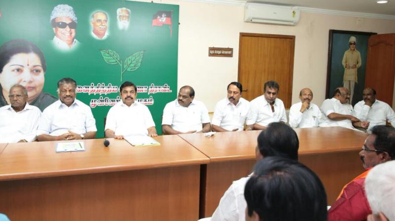 The decision was taken at a meeting chaired by top party office-bearers E Palanisamy and O Panneerselvam. (Photo: Twitter | @OfficeOfOPS) The decision was taken at a meeting chaired by top party office-bearers E Palanisamy and O Panneerselvam. (Photo: Twitter | @OfficeOfOPS)