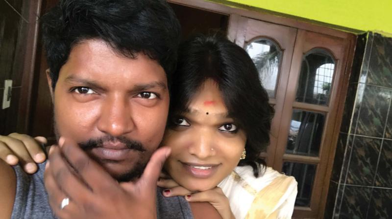 Tarnsgender couple Aarav Appukuttan and Sukanyeah Krishna click a selfie. Tarnsgender couple Aarav Appukuttan and Sukanyeah Krishna click a selfie.