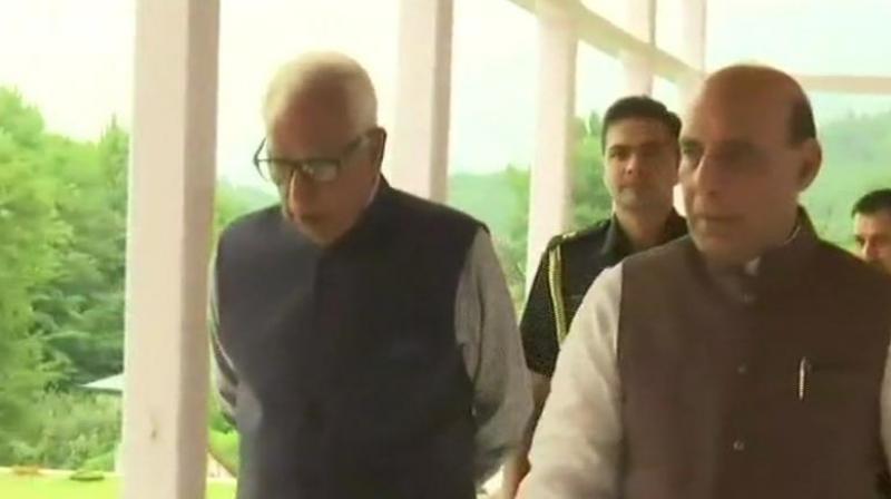 Rajnath Singh held one-on-one meeting with Governor, NN Vohra, to discuss various important issues relating to “security management, implementation of development programmes and positive engagement of the youth in the state. (Photo: ANI | Twitter) Rajnath Singh held one-on-one meeting with Governor, NN Vohra, to discuss various important issues relating to “security management, implementation of development programmes and positive engagement of the youth in the state. (Photo: ANI | Twitter)