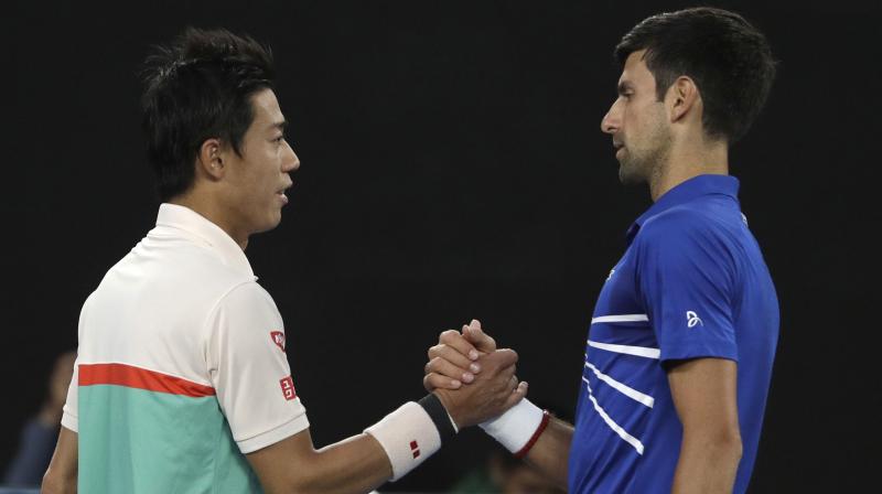 Nishikori had endured three five-set epics during a marathon 13hr 47min on court before the quarter-final clash and suffered a thigh injury in the first set. (Photo: AP) Nishikori had endured three five-set epics during a marathon 13hr 47min on court before the quarter-final clash and suffered a thigh injury in the first set. (Photo: AP)