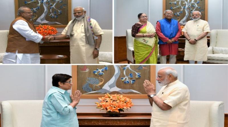 Among those who called on the Prime Minister were -- J&K Governor Satya Pal Malik and Nagaland Governor Padmanabha Acharya, besides Bedi. (Photo: ANI) Among those who called on the Prime Minister were -- J&K Governor Satya Pal Malik and Nagaland Governor Padmanabha Acharya, besides Bedi. (Photo: ANI)
