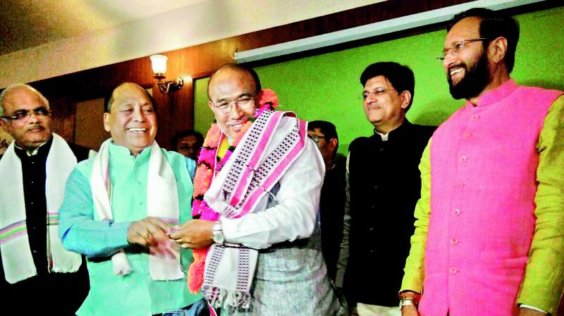 Nongthombam Biren Singh is greeted after he was elected at BJP legislature party leader in Imphal on Monday. (Photo: PTI) Nongthombam Biren Singh is greeted after he was elected at BJP legislature party leader in Imphal on Monday. (Photo: PTI)