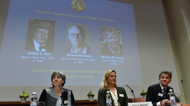 Anna Wedell, chairman of the Nobel committee, center, and members of the committee Juleen Zierath, left, and Carlos Ibanez, announce the winners of the 2017 Nobel Prize for Medicine. (Photo: AP) Anna Wedell, chairman of the Nobel committee, center, and members of the committee Juleen Zierath, left, and Carlos Ibanez, announce the winners of the 2017 Nobel Prize for Medicine. (Photo: AP)