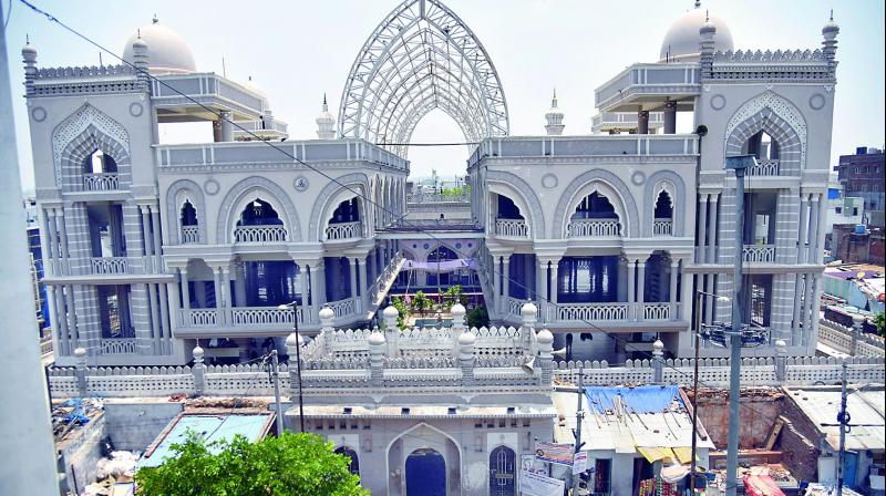 The open courtyard of the Musheerabad Masjid (built in the 16th Century) houses two huge symmetrical structures and right above it are steel girders. (Photo:S. Surender Reddy) The open courtyard of the Musheerabad Masjid (built in the 16th Century) houses two huge symmetrical structures and right above it are steel girders. (Photo:S. Surender Reddy)