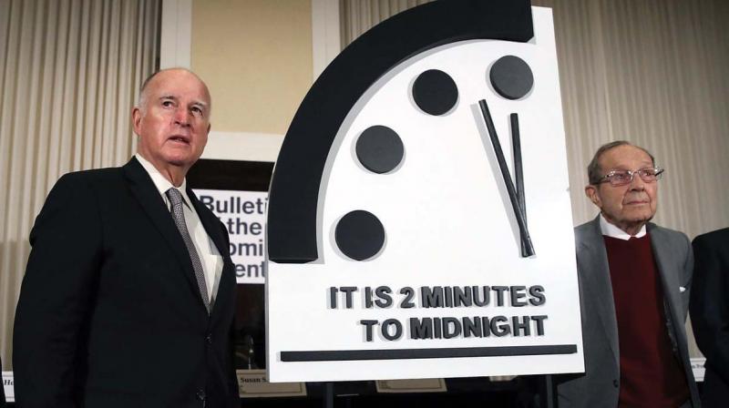 On January 24, the symbolic Doomsday Clock stood at two minutes to midnight, the closest it has got since it was configured by the Bulletin of the Atomic Scientists in 1947. On January 24, the symbolic Doomsday Clock stood at two minutes to midnight, the closest it has got since it was configured by the Bulletin of the Atomic Scientists in 1947.