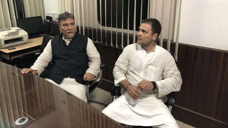 Congress president Rahul Gandhi and other leaders in Lodhi Colony Police Station. (Photo: Twitter | @rssurjewala) Congress president Rahul Gandhi and other leaders in Lodhi Colony Police Station. (Photo: Twitter | @rssurjewala)