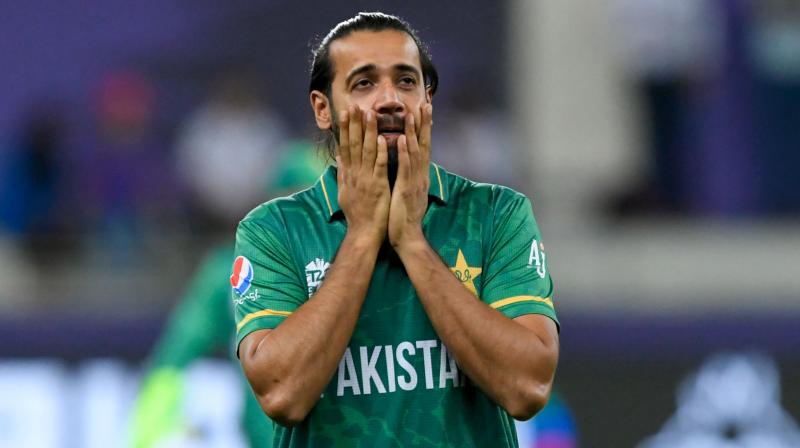 Pakistans Hasan Ali reacts after dropping a catch during the ICC mens Twenty20 World Cup semi-final match between Australia and Pakistan at the Dubai International Cricket Stadium in Dubai in this file photo. (Photo: AFP)