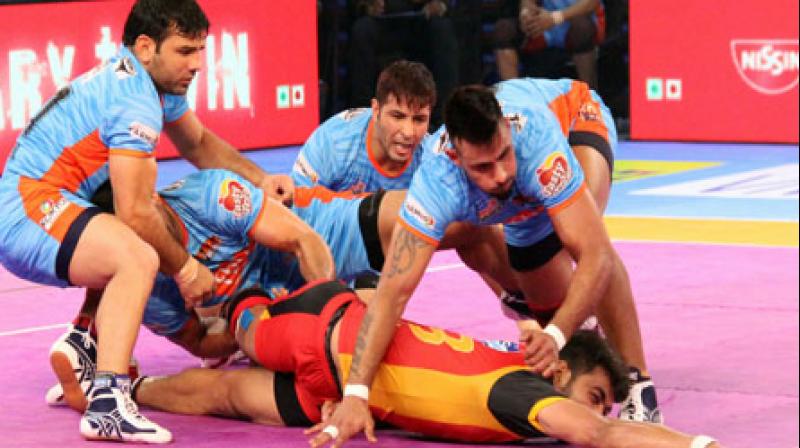 Ajay Kumar's four touch points which was the first for Season 5.turned the match in favour of Bengaluru Bulls . (Photo: Twitter/Bengaluru Bulls) Ajay Kumar's four touch points which was the first for Season 5.turned the match in favour of Bengaluru Bulls . (Photo: Twitter/Bengaluru Bulls)