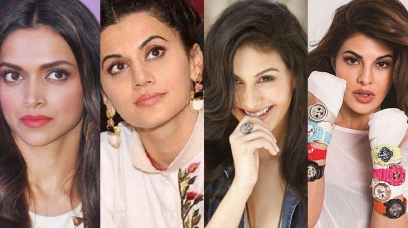 Bollywood actresses: Deepika Padukone, Taapsee Pannu, Amyra Dastur, Jacqueline Fernandez. Bollywood actresses: Deepika Padukone, Taapsee Pannu, Amyra Dastur, Jacqueline Fernandez.