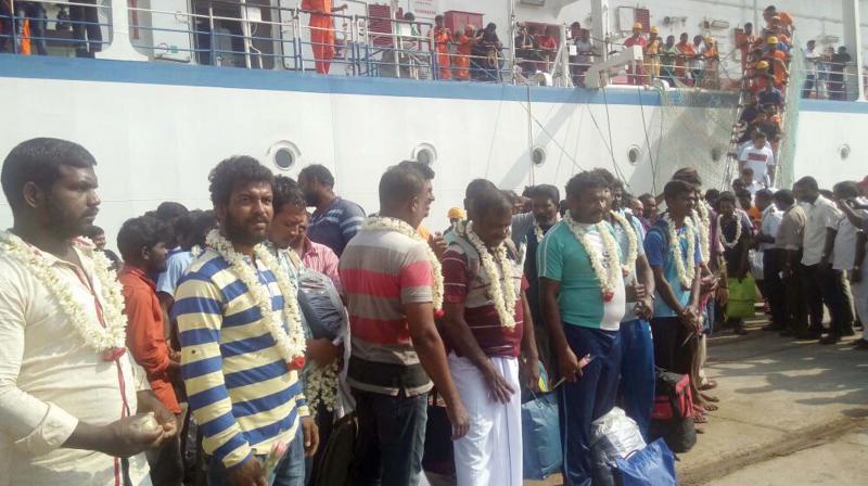 Fishermen who arrived by MV Kavaratti being received at Cochin Port on Saturday. Fishermen who arrived by MV Kavaratti being received at Cochin Port on Saturday.