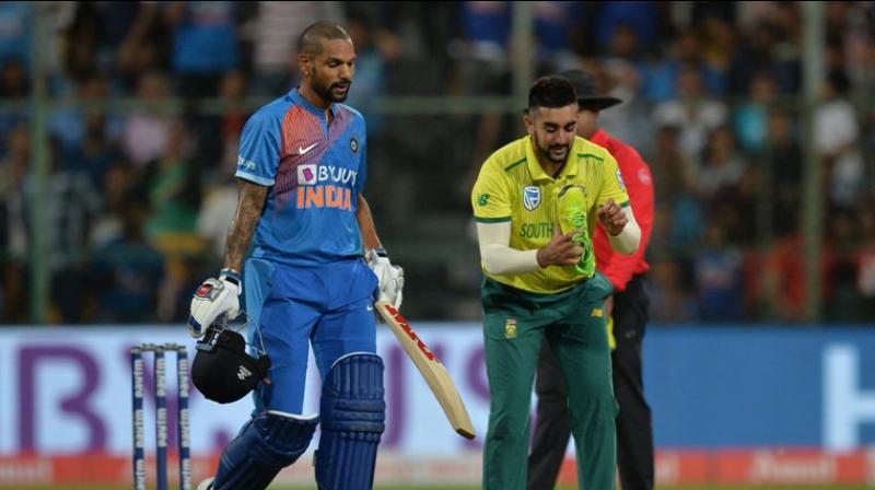 South Africa bowler Tabraiz Shamsi on Tuesday shared a picture with India batsman Shikhar Dhawan while captioning it 'only love, enjoyment and entertainment'. (Photo:AFP) South Africa bowler Tabraiz Shamsi on Tuesday shared a picture with India batsman Shikhar Dhawan while captioning it 'only love, enjoyment and entertainment'. (Photo:AFP)