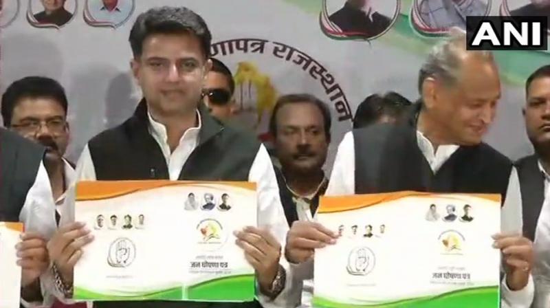 Rajasthan Congress chief Sachin Pilot, former chief minister Ashok Gehlot and chairman of the manifesto committee Harish Choudhary released the party manifesto. (Photo: ANI | Twitter) Rajasthan Congress chief Sachin Pilot, former chief minister Ashok Gehlot and chairman of the manifesto committee Harish Choudhary released the party manifesto. (Photo: ANI | Twitter)