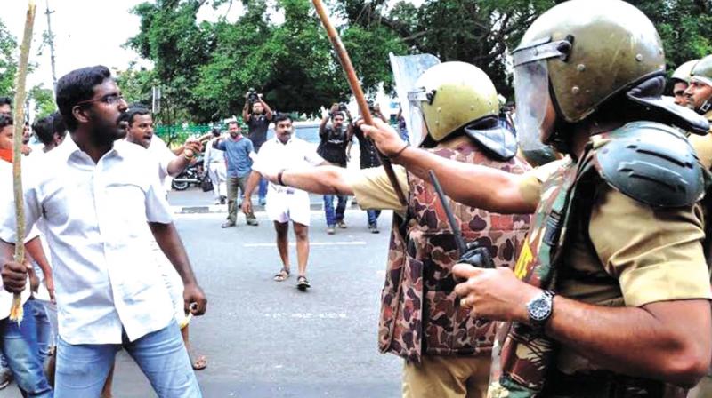 Youth dare police during a protest march in Thiruvananthapuram city. (File pic) Youth dare police during a protest march in Thiruvananthapuram city. (File pic)