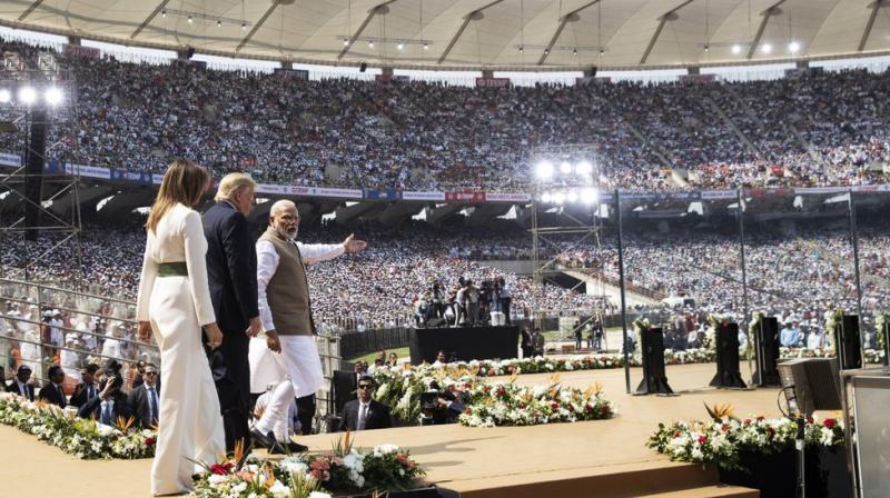 US President Donald Trump, first lady Melania Trump, and Indian Prime Minister Narendra Modi arrive for a \Namaste Trump,\ event at Sardar Patel Stadium. AP photo