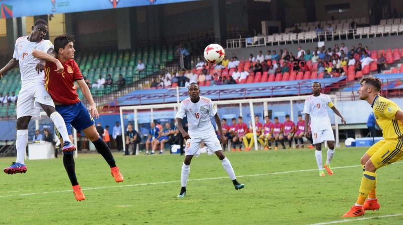 European powerhouse Spain bounced back from their opening loss in style and notched up a 4-0 victory over Niger in a Group ‘D’ match of the FIFA U-17 World Cup here on Tuesday. (Photo: PTI) European powerhouse Spain bounced back from their opening loss in style and notched up a 4-0 victory over Niger in a Group ‘D’ match of the FIFA U-17 World Cup here on Tuesday. (Photo: PTI)