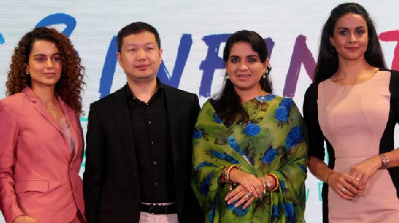 L to R: Ms. Kangana Ranaut, India Actress, Mr. Shunyan Zhu, President of UC, Alibaba Digital Media and Entertainment Group, Ms. Shaina NC, Fashion Designer and Social Worker and Ms. Gul Panag, Indian actress and Founder of Col. Shamsher Singh Foundation L to R: Ms. Kangana Ranaut, India Actress, Mr. Shunyan Zhu, President of UC, Alibaba Digital Media and Entertainment Group, Ms. Shaina NC, Fashion Designer and Social Worker and Ms. Gul Panag, Indian actress and Founder of Col. Shamsher Singh Foundation