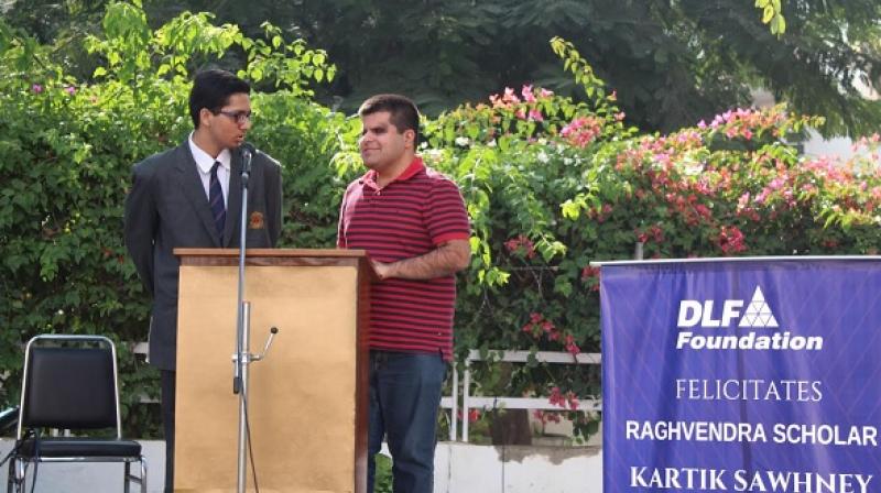 DLF Foundation's Scholar Kartik Sawhney delivering a motivational talk at Summer Fields school Gurugram DLF Foundation's Scholar Kartik Sawhney delivering a motivational talk at Summer Fields school Gurugram
