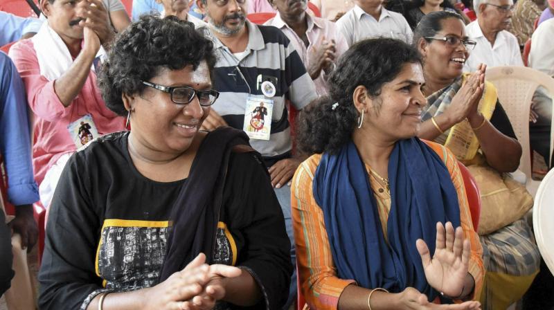 Bindu, a college lecturer and CPI(ML) activist from Kozhikode, and Kanakadurga, a civil supplies department employee from Malappuram, visited Sabarimala shrine on January 2. (Photo: File | PTI) Bindu, a college lecturer and CPI(ML) activist from Kozhikode, and Kanakadurga, a civil supplies department employee from Malappuram, visited Sabarimala shrine on January 2. (Photo: File | PTI)