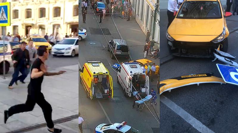 Video of the incident posted on social media showed the yellow Hyundai taxi pull sharply out of a line of stationary traffic, accelerate and mount the narrow pavement, which was packed with pedestrians. (Photo: AP) Video of the incident posted on social media showed the yellow Hyundai taxi pull sharply out of a line of stationary traffic, accelerate and mount the narrow pavement, which was packed with pedestrians. (Photo: AP)