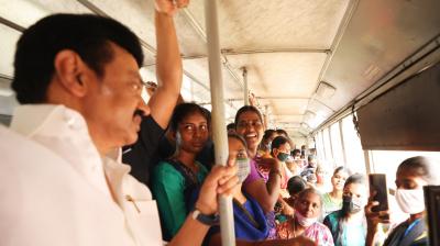 Travelling in bus number 29 C on Radhakrishnan Salai, Stalin especially spoke to the women passengers and enquired about the free travel facility for them.(Twitter/@mkstalin)
