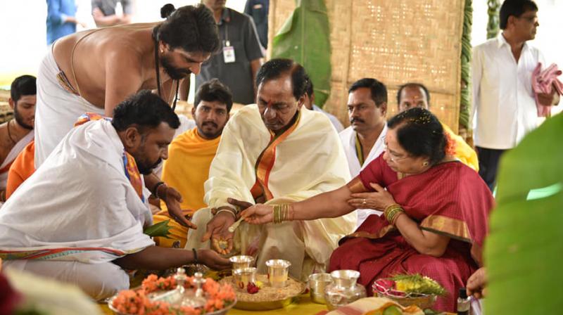 TRS president and caretaker Chief Minister K Chandrasekhar Rao performed 'Raja Syamala Yagam', 'Chandi Yagam' and other rituals in his farmhouse in Erravalli in which his wife and other family members participated. (Photo: Facebook Screengrab | @KalvakuntlaChandrashekarRao) TRS president and caretaker Chief Minister K Chandrasekhar Rao performed 'Raja Syamala Yagam', 'Chandi Yagam' and other rituals in his farmhouse in Erravalli in which his wife and other family members participated. (Photo: Facebook Screengrab | @KalvakuntlaChandrashekarRao)