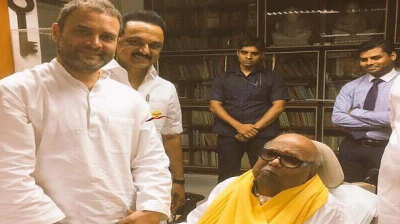 Congress vice-president Rahul Gandhi with Dravida Munnetra Kazhagam (DMK) supremo M Karunanidhi in Chennai. (Photo: Twitter | ANI) Congress vice-president Rahul Gandhi with Dravida Munnetra Kazhagam (DMK) supremo M Karunanidhi in Chennai. (Photo: Twitter | ANI)