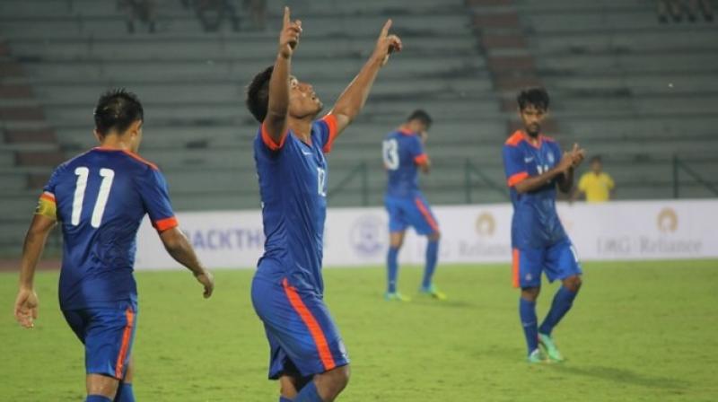 India played a lacklustre first half but they regrouped in the second session to pump in two quick goals in the space of three minutes. (Photo: AIFF) India played a lacklustre first half but they regrouped in the second session to pump in two quick goals in the space of three minutes. (Photo: AIFF)