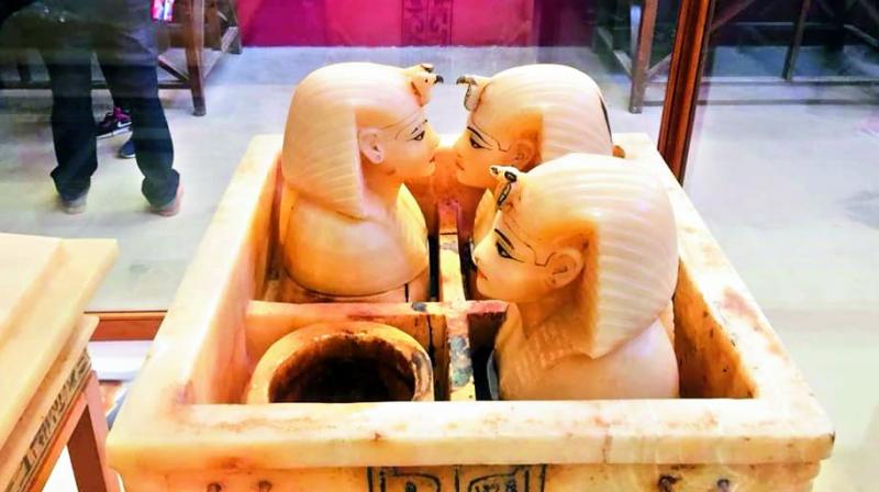 Canopic jars where Tutankhamun’s viscera were reportedly kept. The dark spots are believed to be his blood. Canopic jars where Tutankhamun’s viscera were reportedly kept. The dark spots are believed to be his blood.