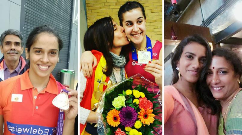 Saina Nehwal's father and PV Sindhu's mother had a surprise 'fan' waiting for them outside the World Badminton Championship venue in form of Olympic gold-medallist Carolina Marin's mother. (Photo: Twitter) Saina Nehwal's father and PV Sindhu's mother had a surprise 'fan' waiting for them outside the World Badminton Championship venue in form of Olympic gold-medallist Carolina Marin's mother. (Photo: Twitter)