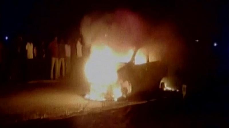 Three people, including a woman, were burnt to death inside a car in Chennai's Mahabalipuram on Saturday. (Photo: ANI/Twitter) Three people, including a woman, were burnt to death inside a car in Chennai's Mahabalipuram on Saturday. (Photo: ANI/Twitter)