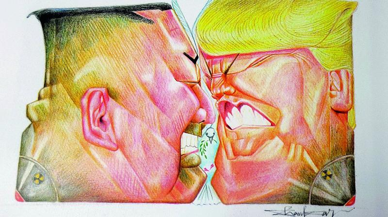 Caricature by Shankar Pamarthy depicting North Korean President Kim Jong and US President Donald Trump at logger heads over nuclear deals. Caricature by Shankar Pamarthy depicting North Korean President Kim Jong and US President Donald Trump at logger heads over nuclear deals.
