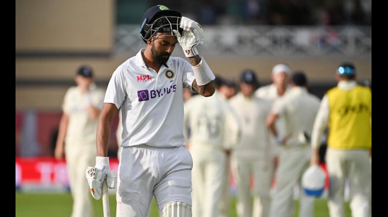 Indias KL Rahul walks back to the pavilion after getting out on the fourth day of the first cricket Test match of the India Tour of England 2021 between England and India at the Trent Bridge cricket ground in Nottingham, central England, on Saturday. -- AFP