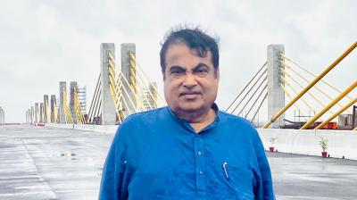 Union Minister of Road Transport & Highways Nitin Gadkari during the inspection of a bridge built across the Narmada river near Bharuch, Friday, Sept. 17, 2021.  (Twitter)