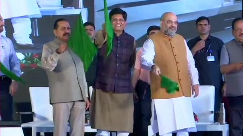 Shah was accompanied by Union Railway Minister Piyush Goyal, Union Ministers Dr Jitendra Singh and Dr Harsh Vardhan. (Photo: ANI) Shah was accompanied by Union Railway Minister Piyush Goyal, Union Ministers Dr Jitendra Singh and Dr Harsh Vardhan. (Photo: ANI)