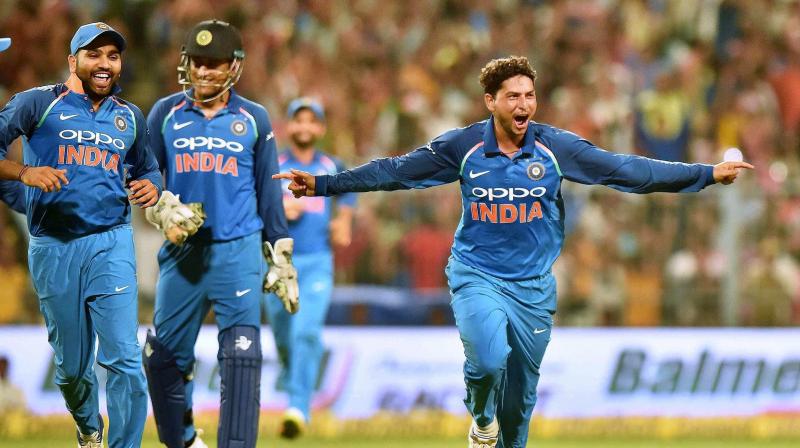 Kuldeep Yadav celebrates after picking up Hat-trick against Australia in the second ODI vs Australia at Eden Gardens in Kolkata. (Photo:PTI) Kuldeep Yadav celebrates after picking up Hat-trick against Australia in the second ODI vs Australia at Eden Gardens in Kolkata. (Photo:PTI)