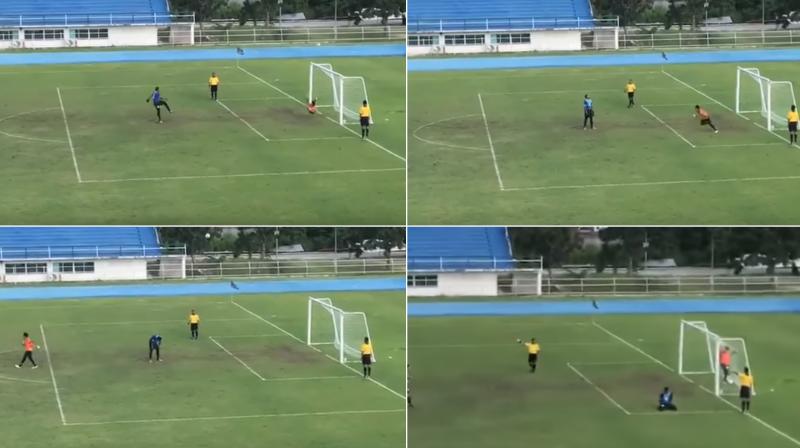 Satri's keeper turned to see the ball bounce near the penalty spot and spin back towards the unguarded net. (Photo: Youtube screengrab) Satri's keeper turned to see the ball bounce near the penalty spot and spin back towards the unguarded net. (Photo: Youtube screengrab)