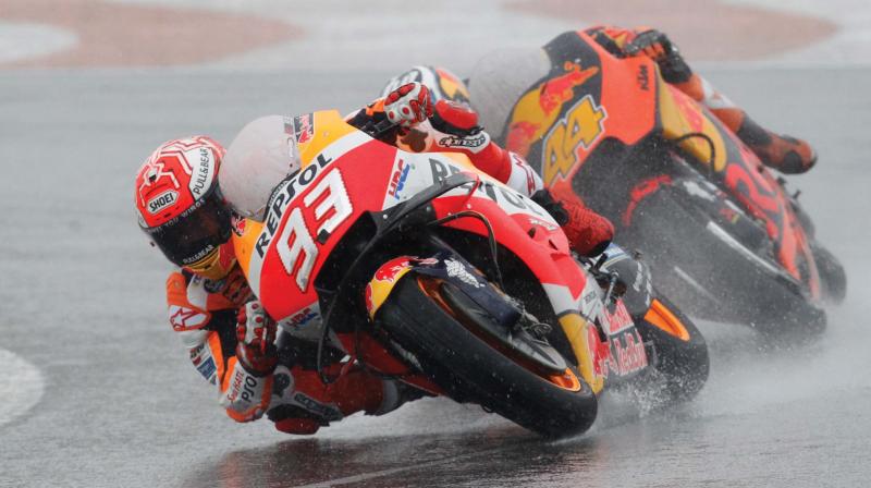 Honda rider Marc Marquez leads KTM’s Pol Espargaro during the Motorcycle Grand Prix at the Ricardo Tormo circuit in Cheste near Valencia on Sunday. (Photo: AP) Honda rider Marc Marquez leads KTM’s Pol Espargaro during the Motorcycle Grand Prix at the Ricardo Tormo circuit in Cheste near Valencia on Sunday. (Photo: AP)